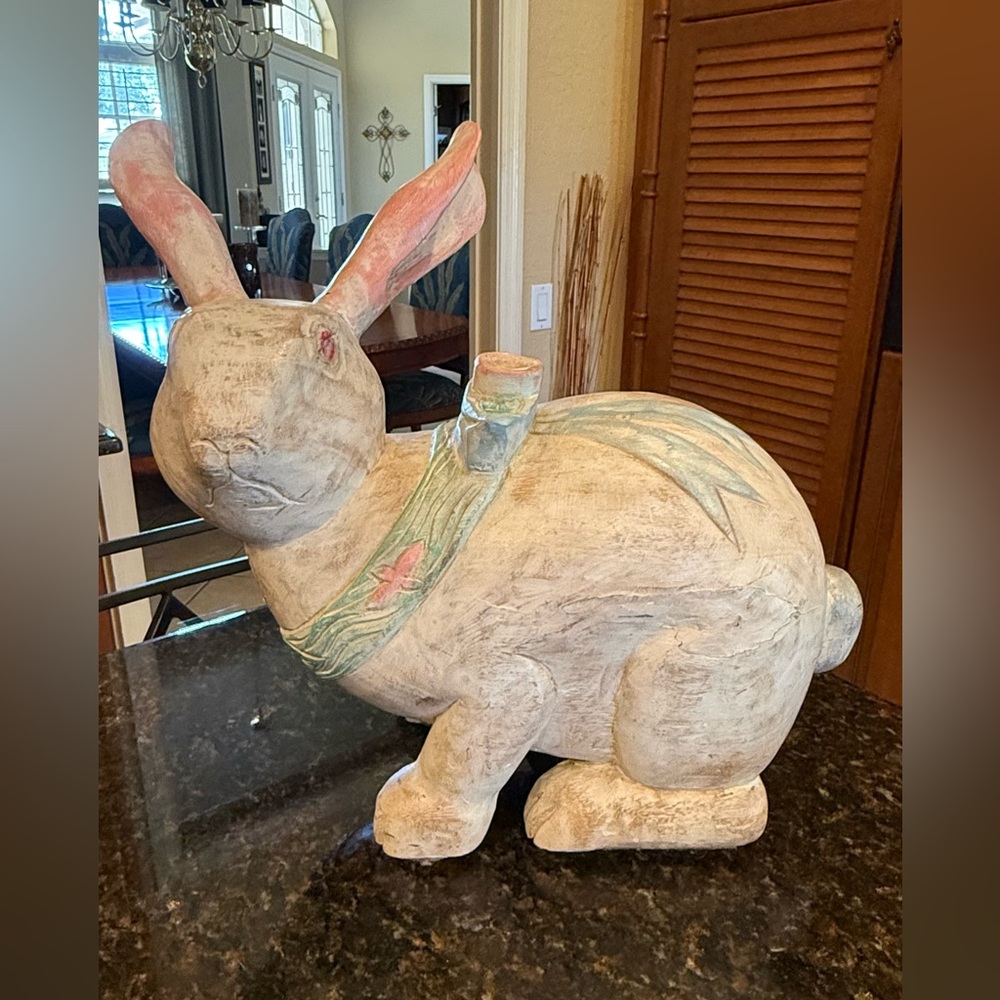 Vintage Large Solid Wood Hand-Carved Folk Art Rabbit Sculpture